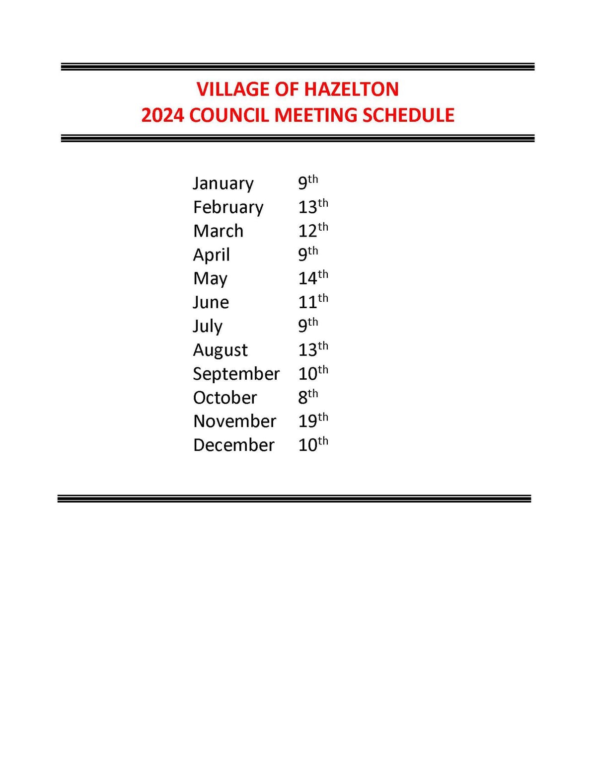 2024 Council Meeting Schedule - Village Of Hazelton